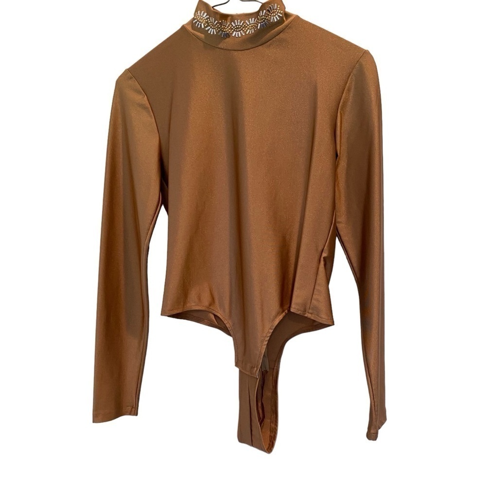 Tan/Gold mock neck Bodysuit size Small thong studded long sleeve by NB Winner